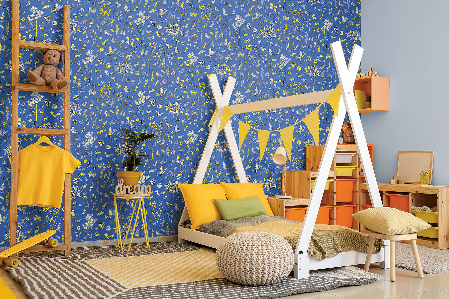 Dartmoor Creatures wallpaper in blue. Ivy & Ethel