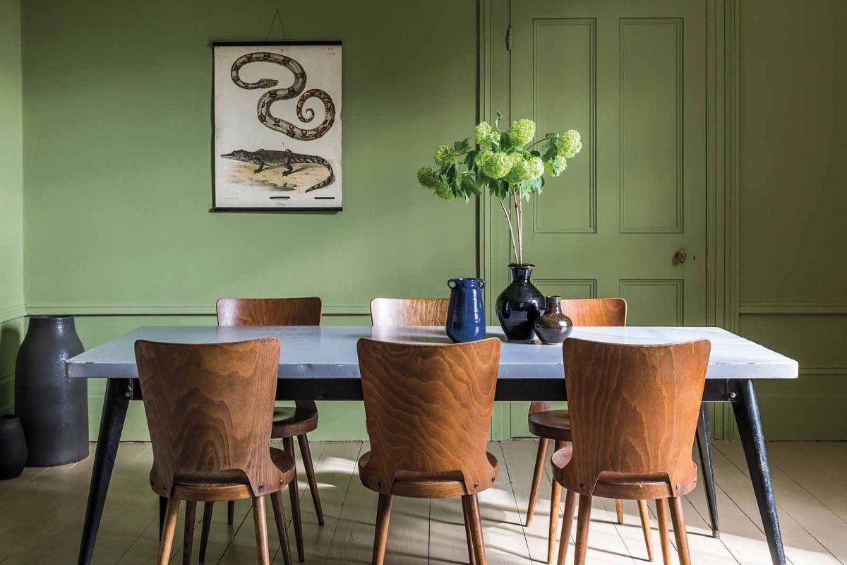 Merchant & Found grey toil dining table and baumann chairs with grahenstone olive paint