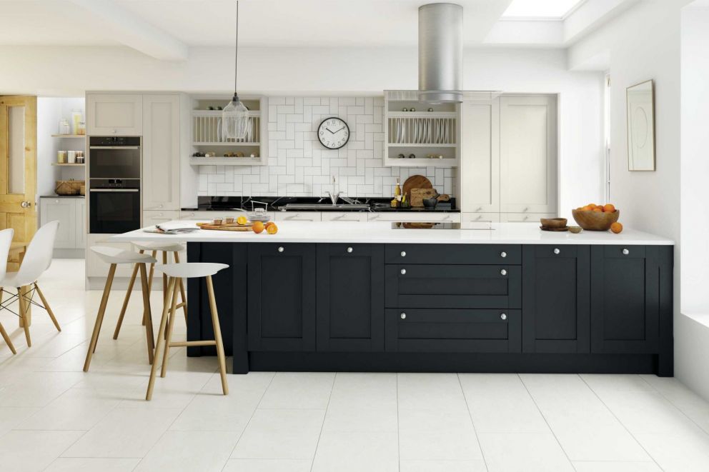 Limestone and Anthracite Painted Wood Kitchen. Axminster Kitchens
