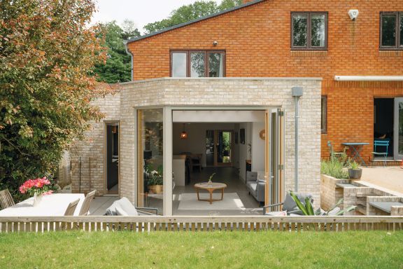 Birch House. View of extension from the garden. Designed by Barc Architects