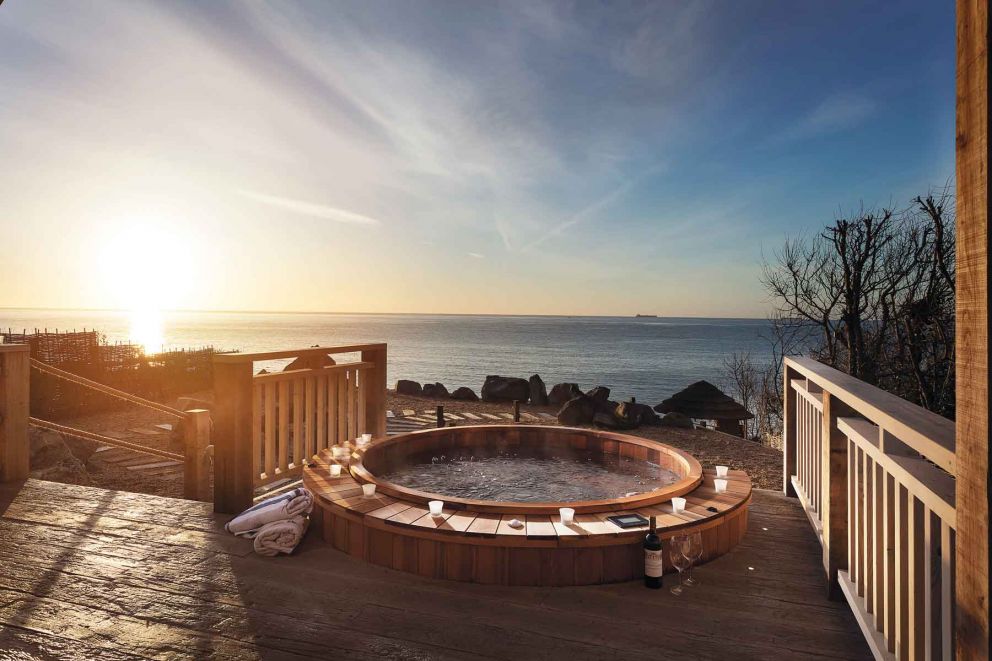 Wooden barrel hot tub at Compass Point in Cornwall