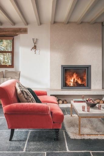 Comfy red chair in front of log fire, Ivy Cove, Noss Mayo