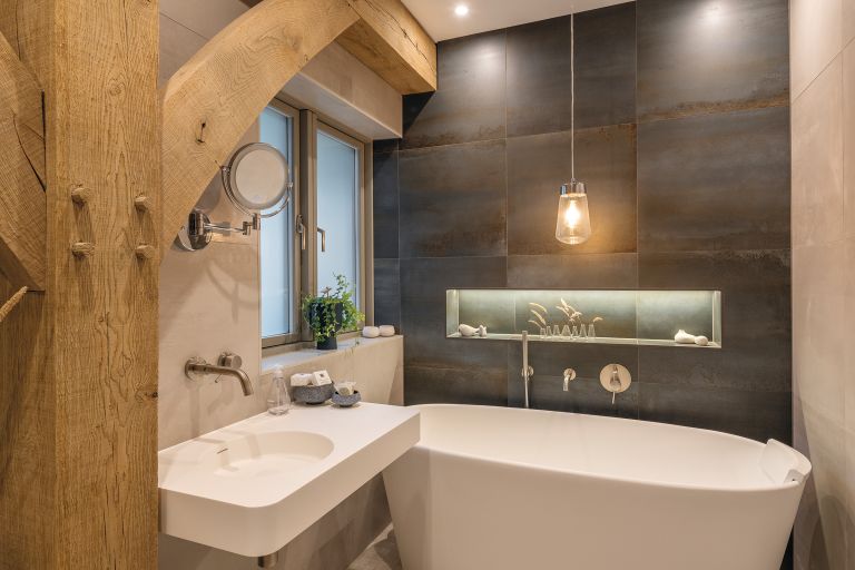 Bathroom. Timber-framed building by Carpenter Oak