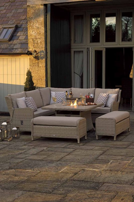 Chedworth rec mod sofa set with square casual dining table with ceramic top & firepit and two benches