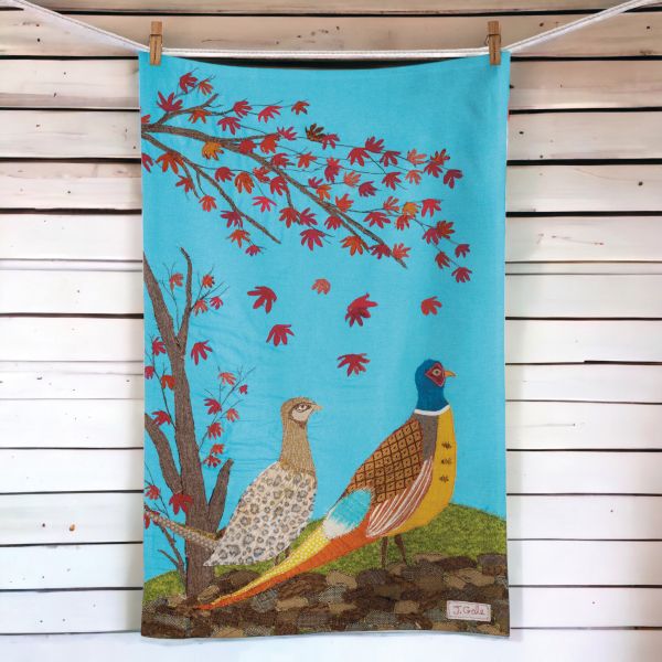 Colourful Pheasants Tea Towel by Jackie Gale