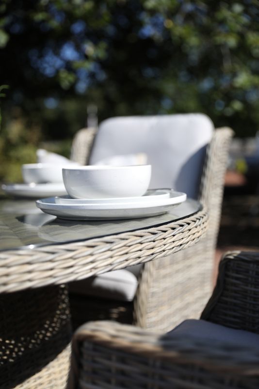 Florence garden table. Close-up of weave and glass table top