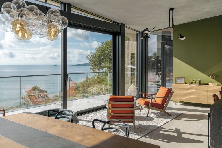 Labrador Bay House,. Living area, view from the kitchen