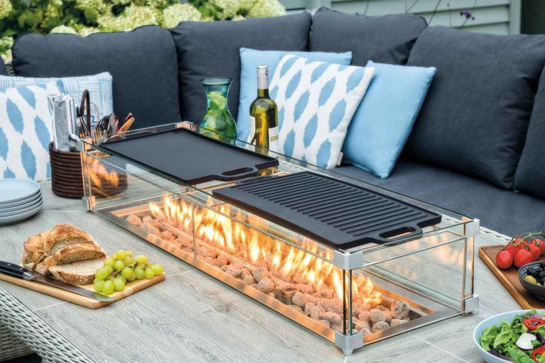 Monterey modular sofa with square ceramic dining table with firepit & two benches